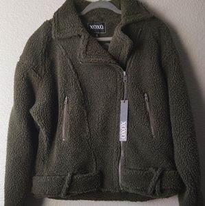 NWT XOXO Olive Sherpa Women's Jacket Zipper Edgy